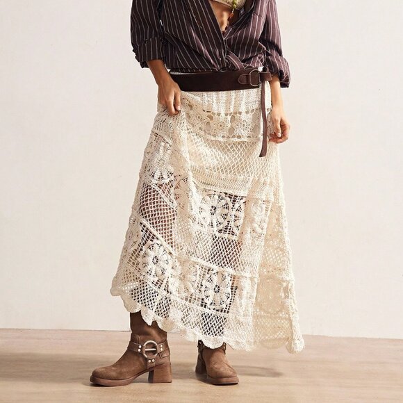 Apricot Casual Women's Boho Vacation Crochet Hollow-Out Sweater Skirt - Picture 1 of 10